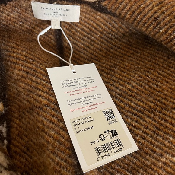 Sezane Oscar Jacket Brown Houndstooth Size 1 NWT - Picture 9 of 10